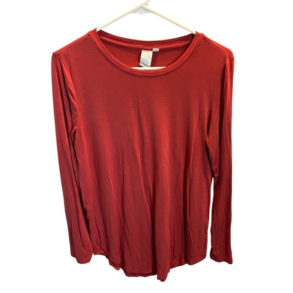 Ady P Womens Long Sleeve Crew Neck Curved Hem T-Shirt Dark Red Size Small